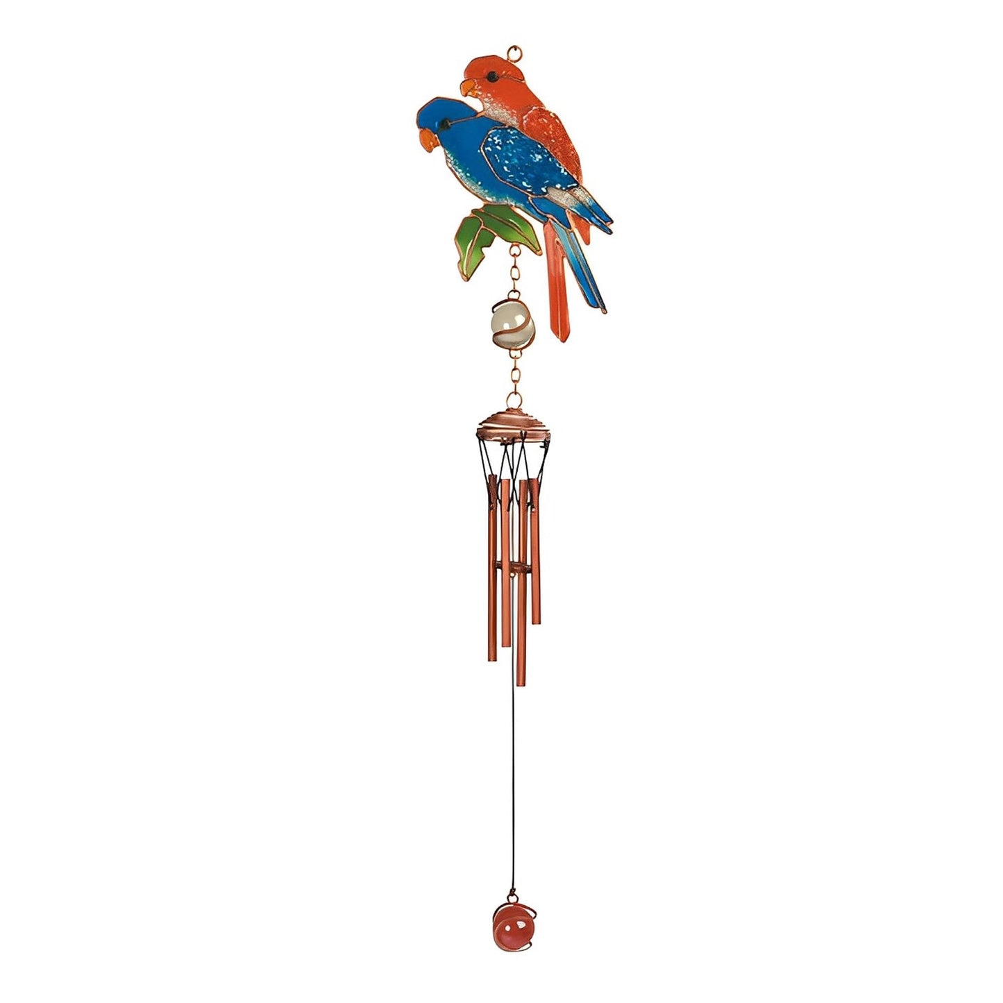 ICE ARMOR 20" Long Blue and Red Parrot Couple Wind Chime with Copper and Gem Garden Patio Decoration