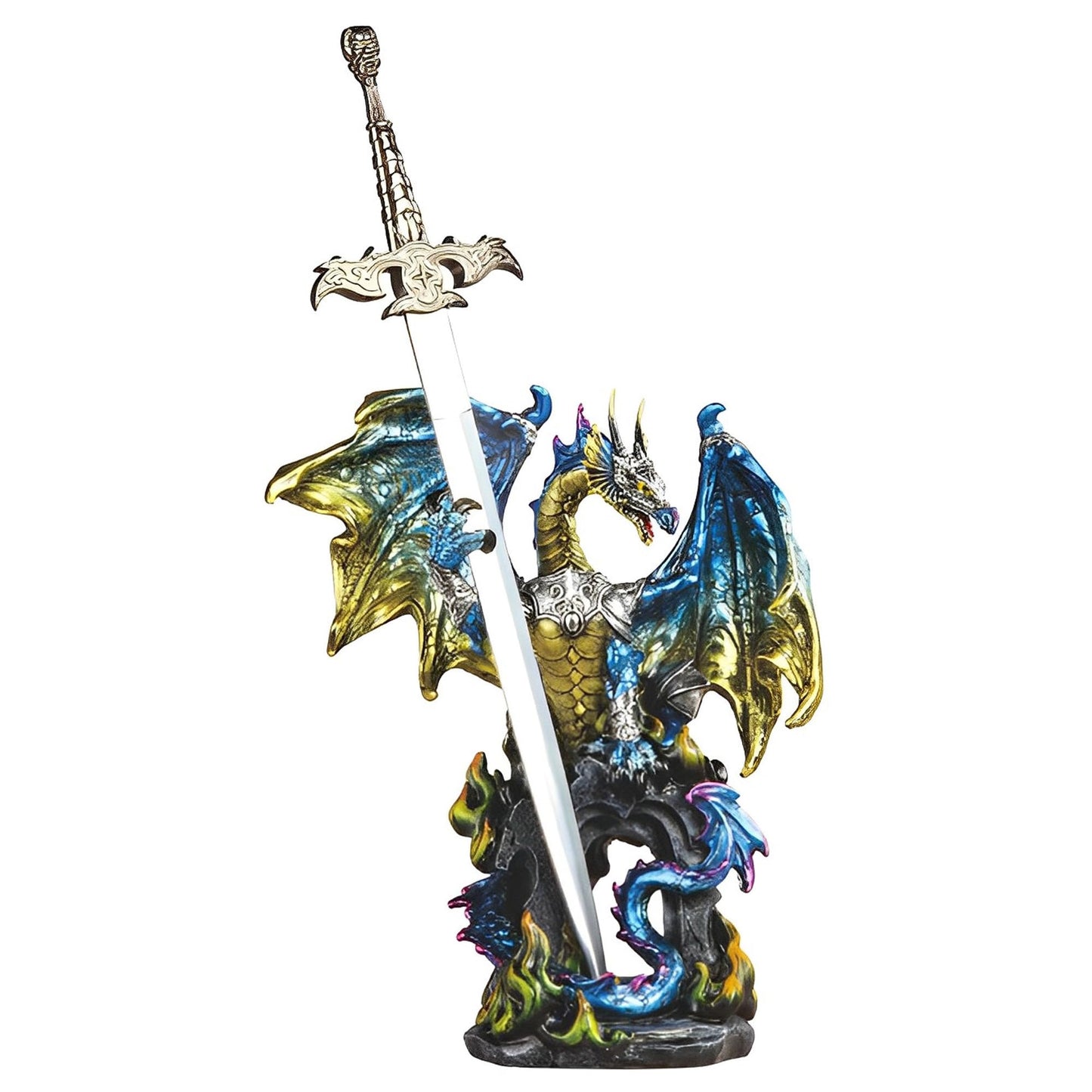 ICE ARMOR 15" H Blue Dragon with Sword on Arch Statue Fantasy Decoration Figurine