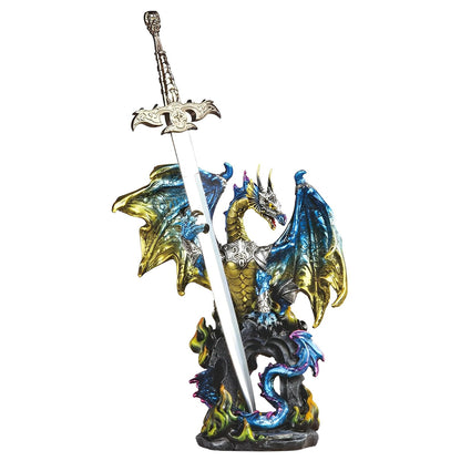 ICE ARMOR 15" H Blue Dragon with Sword on Arch Statue Fantasy Decoration Figurine