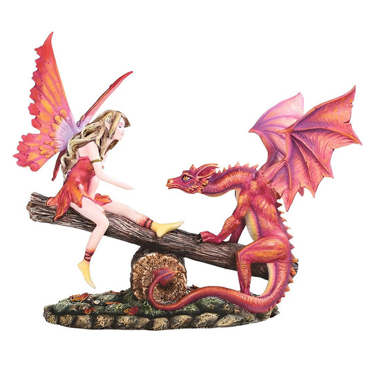 ICE ARMOR 11" W Red Fairy and Dragon on Seesaw Statue Fantasy Decoration Figurine