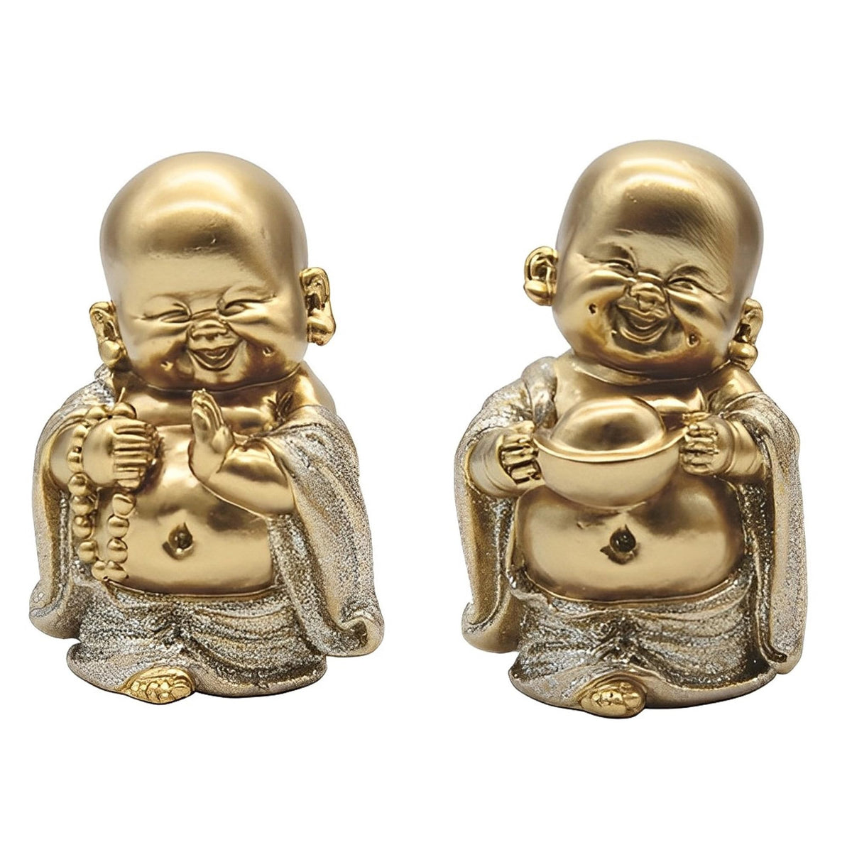 ICE ARMOR 2-PC Miniature Maitreya Buddha in Gold and Silver 4" H Statue Feng Shui Decoration Figurine Set