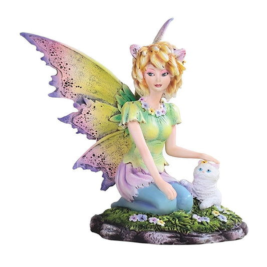 ICE ARMOR 5.5" H Green Fairy with White Cat Statue Fantasy Decoration Figurine