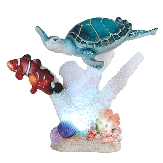 ICE ARMOR 7.5" W Sea Turtle with Clownfish on Coral with LED Night Light Marine Life Decoration Figurine