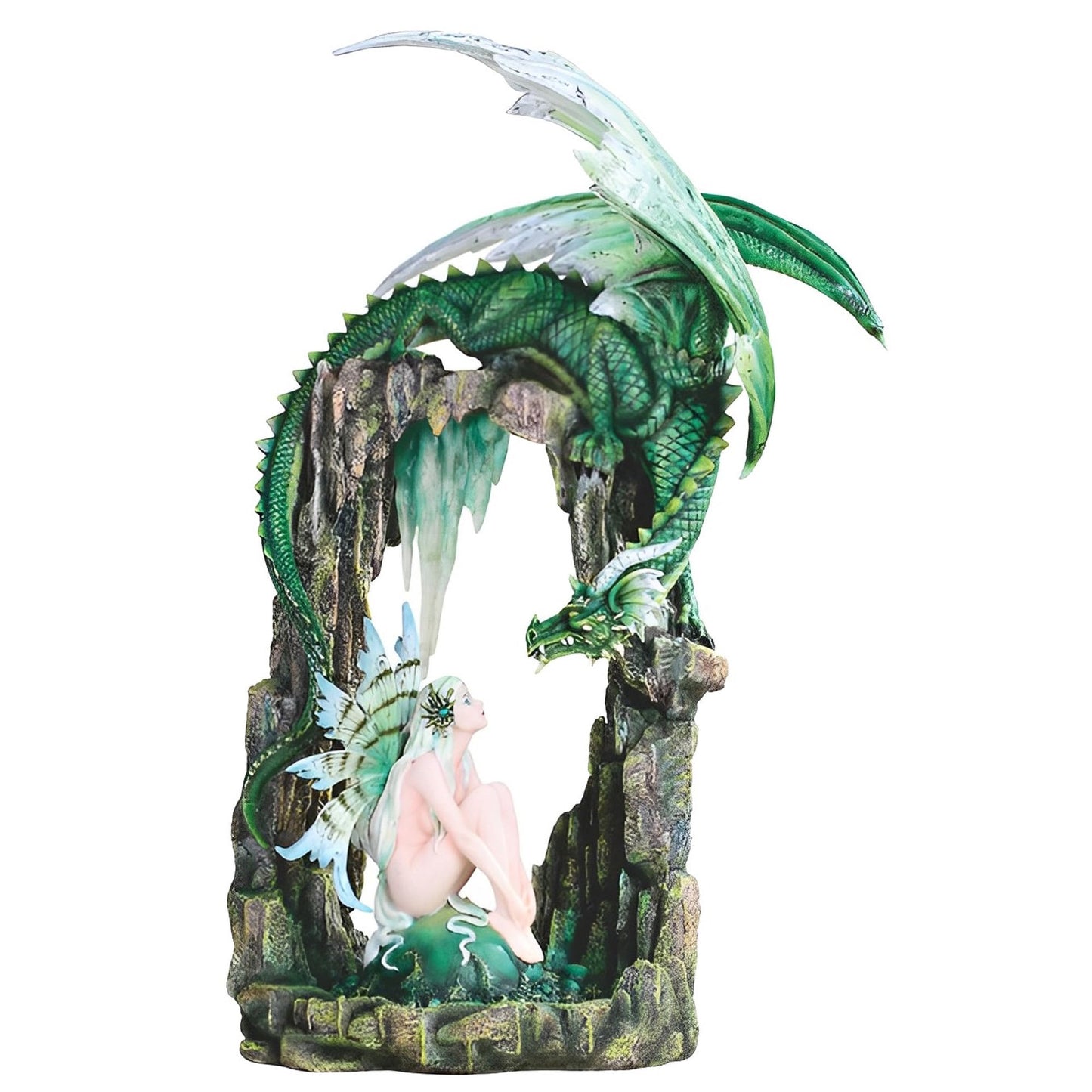 ICE ARMOR 21" H Green Forest Fairy in Dragon Cave Statue Fantasy Decoration Figurine Large Sculpture