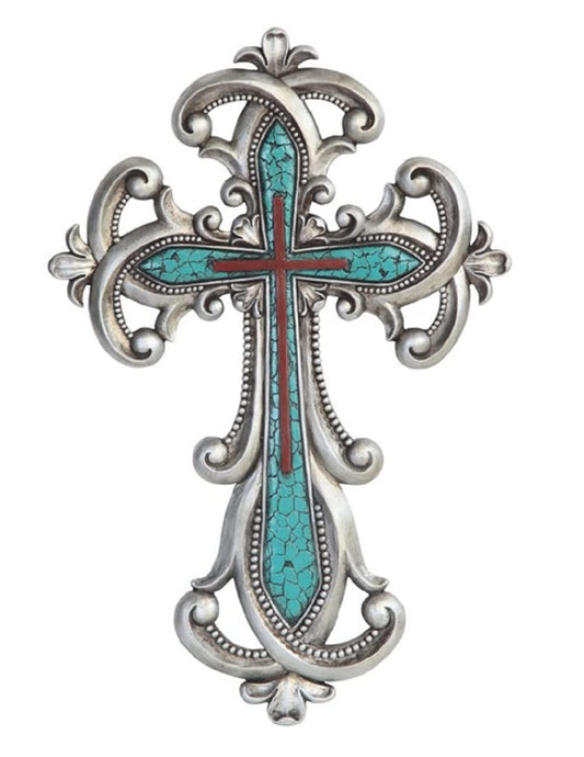 ICE ARMOR 16"H Decorative Wall Cross with Turquoise Religious Statue Home Decoration Figurine