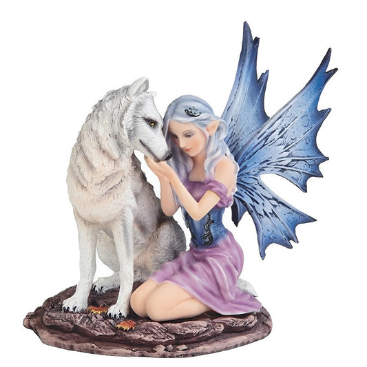 ICE ARMOR 6.75" H Bleu and Purple Fairy with White Wolf Statue Fantasy Decoration Figurine