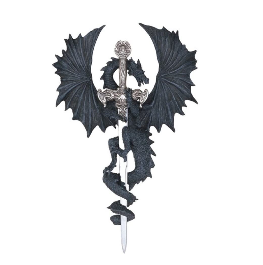 ICE ARMOR 12"H Black Dragon with Sword Wall Plaque Décor Figurine