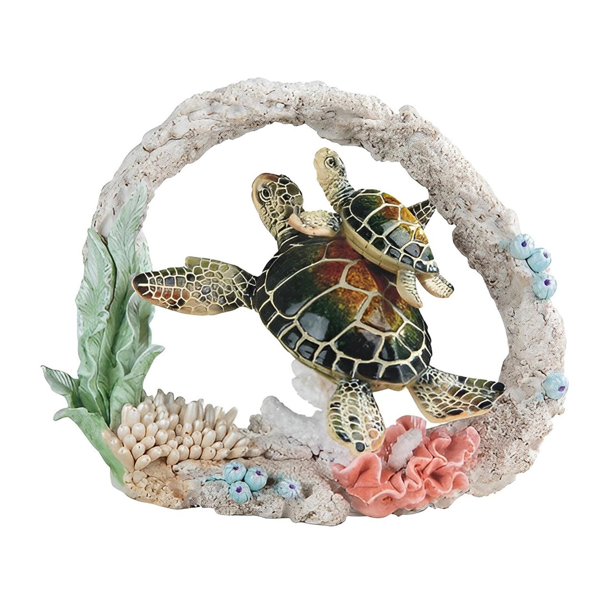 ICE ARMOR 9.5" W Green Sea Turtle with Baby Swimming Around Coral Statue Marine Life Decoration Figurine