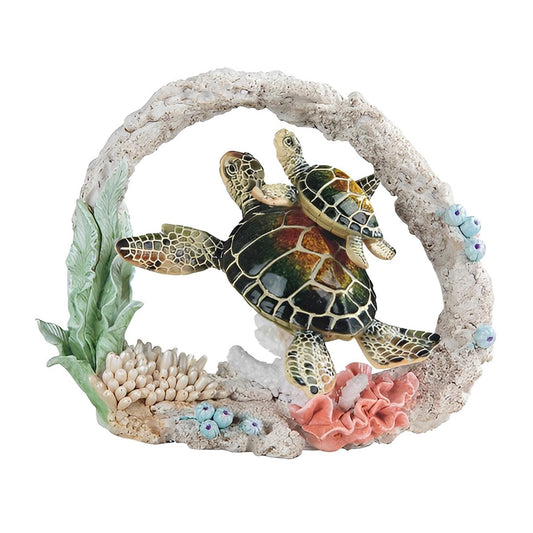 ICE ARMOR 9.5" W Green Sea Turtle with Baby Swimming Around Coral Statue Marine Life Decoration Figurine