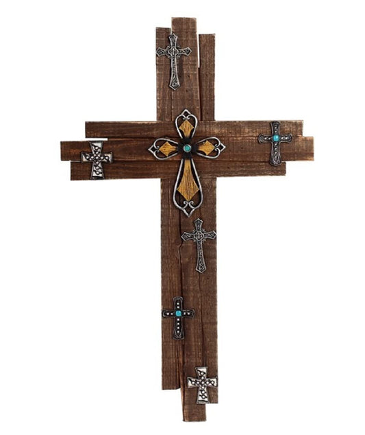 ICE ARMOR 24"H Decorative Wooden Cross with Small Cross Wall Plaque Religious Statue Wall Decoration Holy Figurine