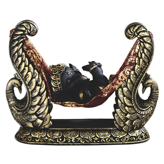 ICE ARMOR 8" W Black Ganesha Sleeping in Hammock Statue Feng Shui Decoration Religious Figurine