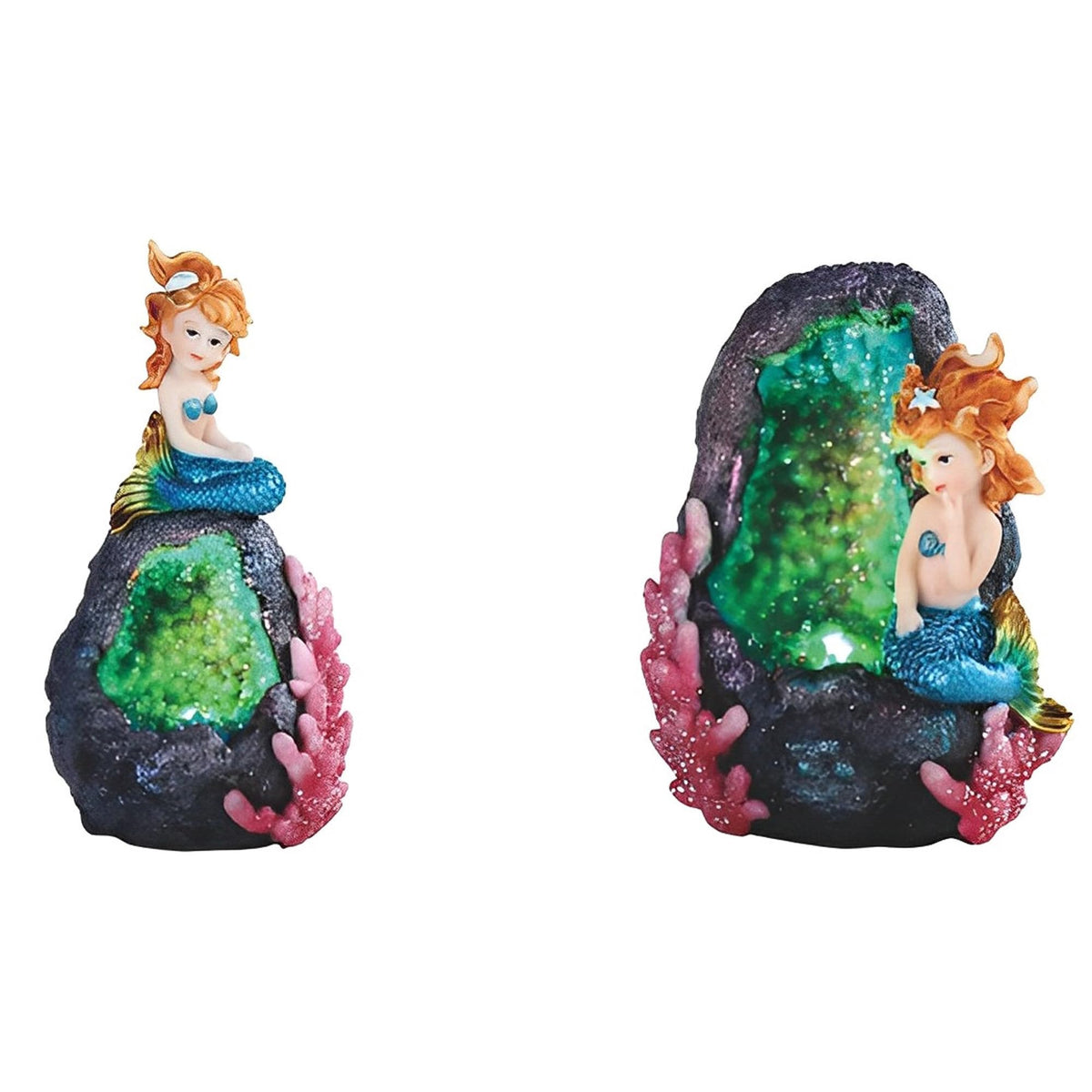 ICE ARMOR 2-PC Blue Mermaid with LED Faux Green Faux Crystal Cave Rock Geode 3"-5" H Statue Fantasy Night Light Decoration Figurine
