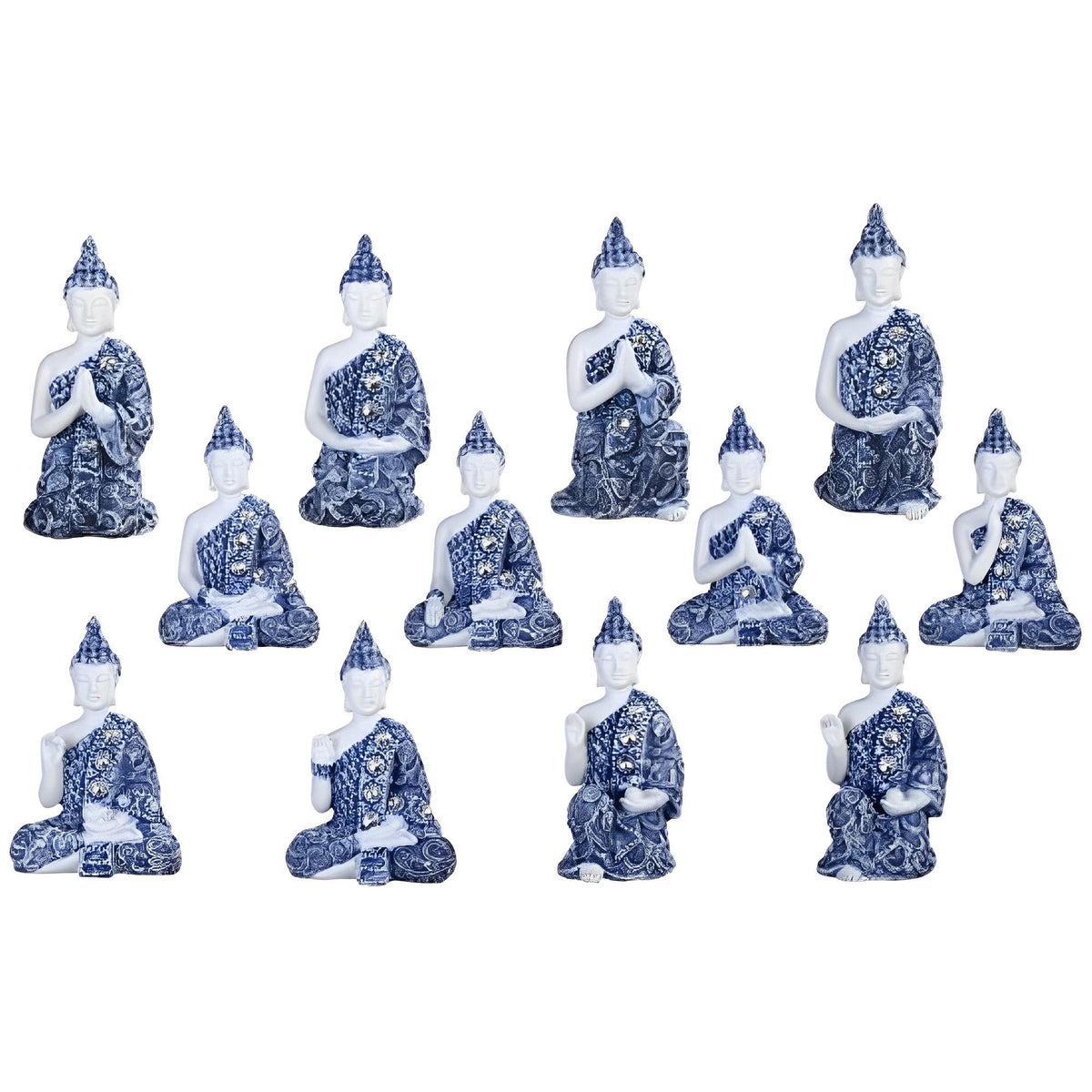 ICE ARMOR 12-PC Blue and White Miniature Buddha in Different Poses 3.5" H Statue Feng Shui Decoration Figurine Set