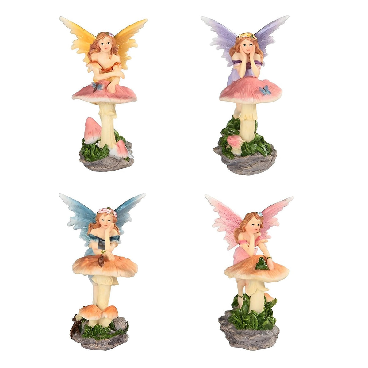 ICE ARMOR 4-PC Fairy Leaning on Mushroom 4" H Fantasy Decoration Figurine Set