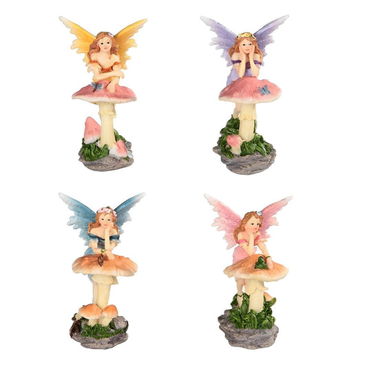 ICE ARMOR 4-PC Fairy Leaning on Mushroom 4" H Fantasy Decoration Figurine Set