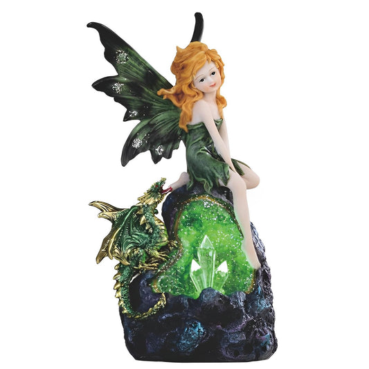 ICE ARMOR 8" H Green Fairy and Baby Dragon with LED Faux Crystal Stone Statue Fantasy Night Light Decoration Figurine