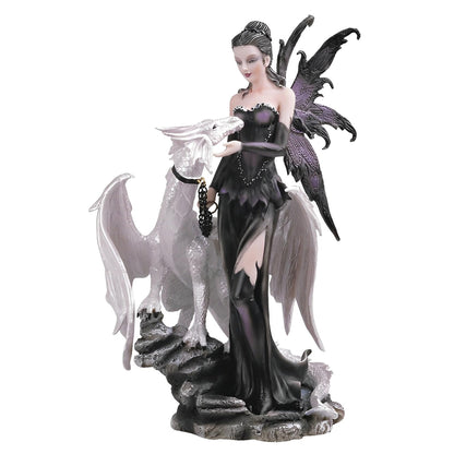 ICE ARMOR 10" H Gothic Black Fairy with White Dragon Statue Fantasy Decoration Figurine