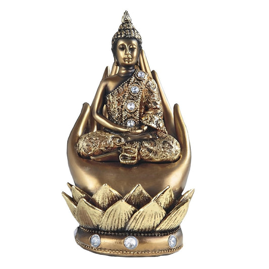 ICE ARMOR 7.25" H Brass Color Thai Buddha Meditation on Palms Statue Feng Shui Decoration Religious Figurine
