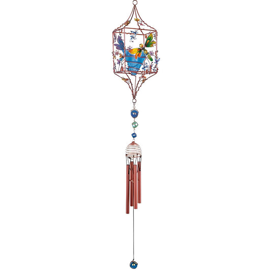 ICE ARMOR 33" Long Dragonfly Copper and Gem Wind Chime with Candle Holder Garden Ornament Decoration Figurine