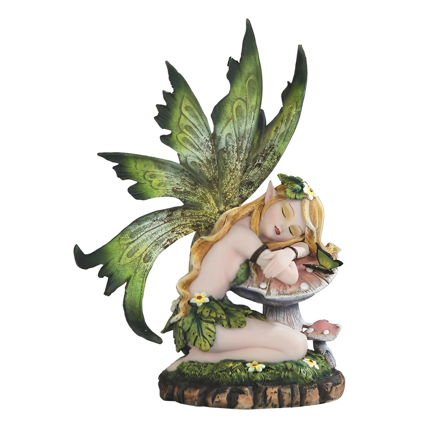 ICE ARMOR 6" H Green Butterfly Wings Forest Fairy Sleeping on Mushroom Statue Fantasy Decoration Figurine