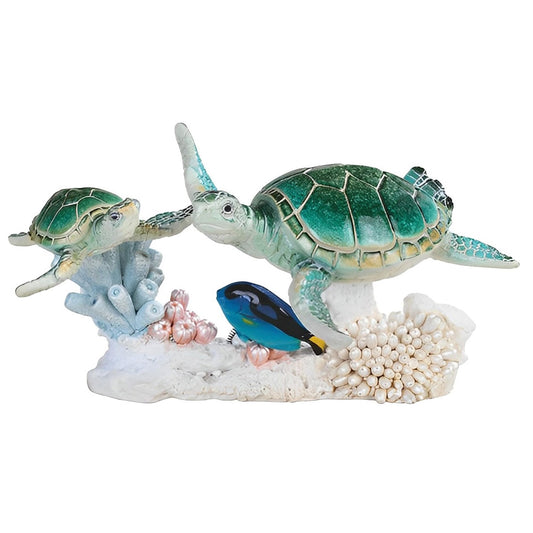 ICE ARMOR 8.75" W Two Green Sea Turtles Swimming with Blue Fish Statue Marine Life Decoration Figurine