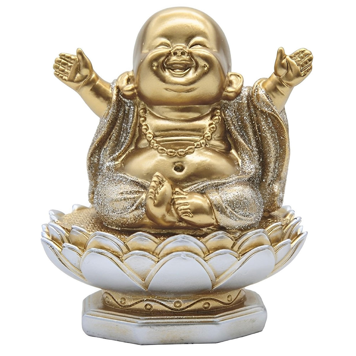 ICE ARMOR 4.75" H Gold and Silver Maitreya Buddha on Lotus Seat Statue Happy Buddha Feng Shui Decoration Religious Figurine