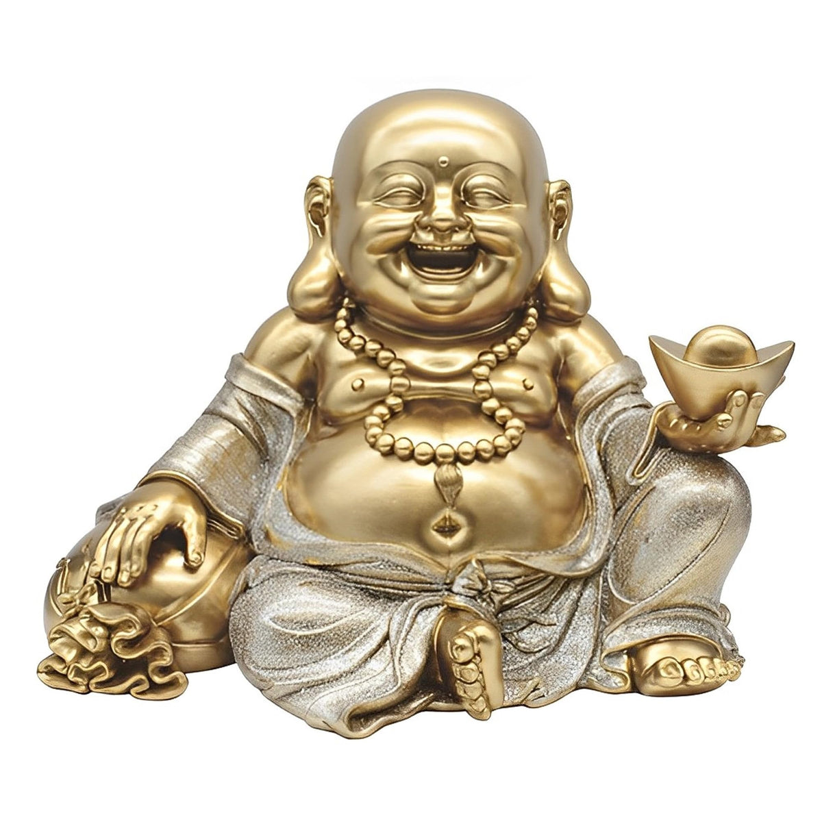 ICE ARMOR 11" W Gold and Silver Maitreya Buddha Holding Gold Ingot and Money Sack Statue Feng Shui Decoration Religious Figurine