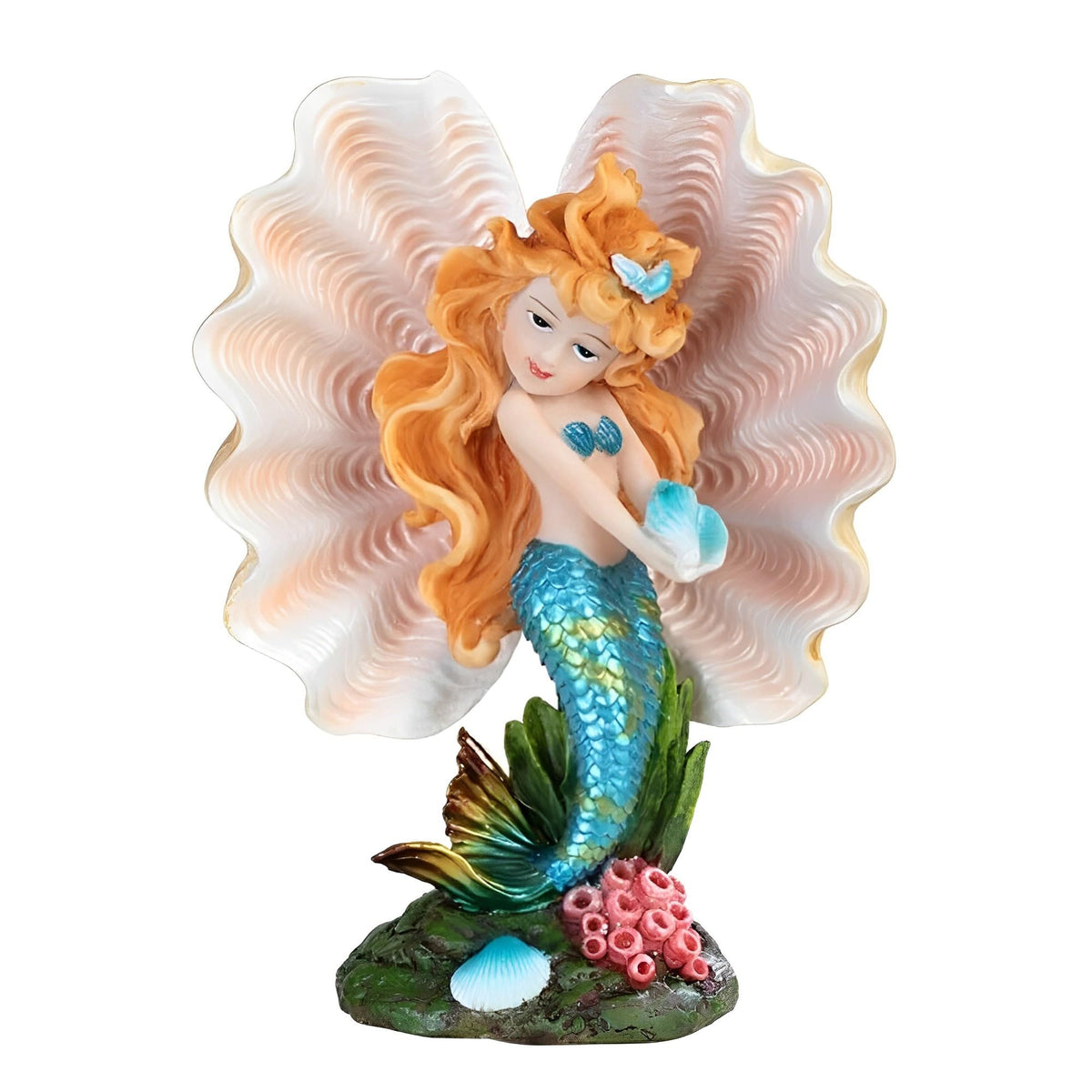 ICE ARMOR 6.75" H Blue Tailed Youth Mermaid Girl in Ocean Shell Mergirl Statue Fantasy Decoration Figurine