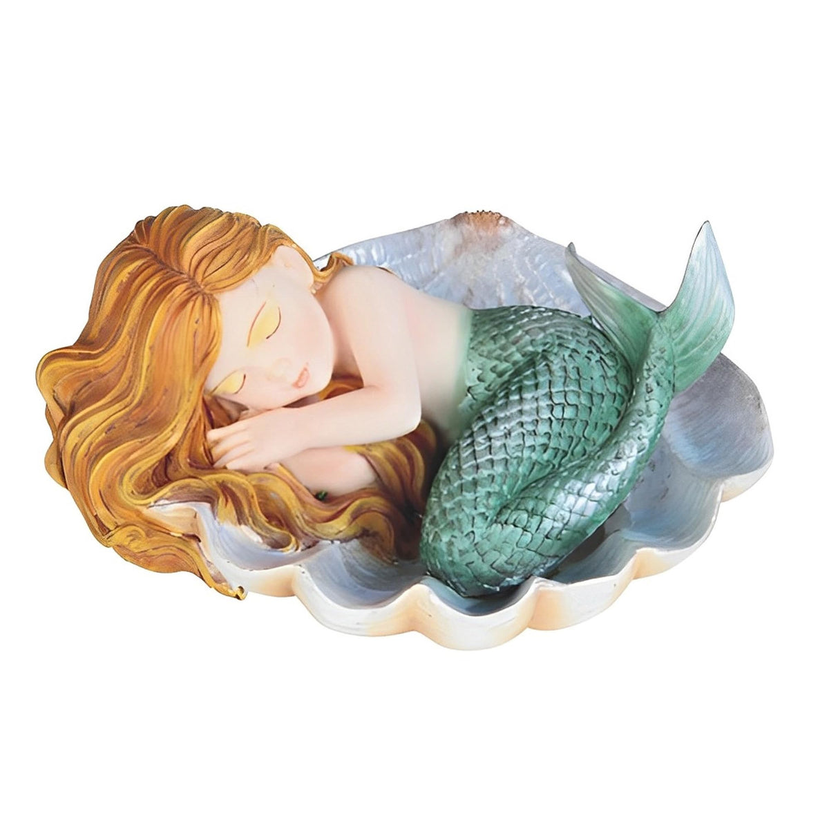 ICE ARMOR 4.5" W Green Tailed Baby Mermaid Sleeping on Oyster Shell Mergirl Statue Fantasy Decoration Figurine
