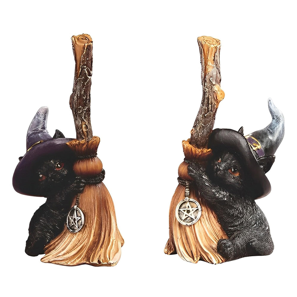 ICE ARMOR 2-PC Set 4.5" H Black Cat with Broom Set Statue Fantasy Decoration Figurine