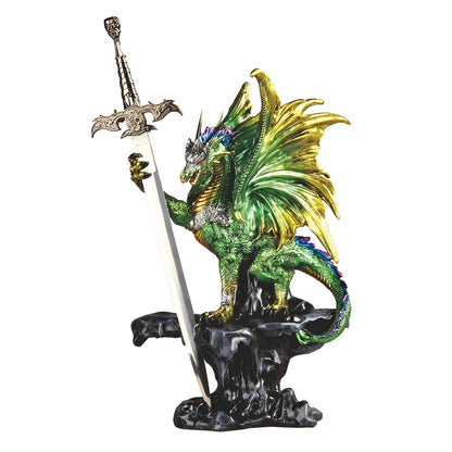ICE ARMOR 15" H Green Dragon with Sword on Cliff Statue Fantasy Decoration Figurine
