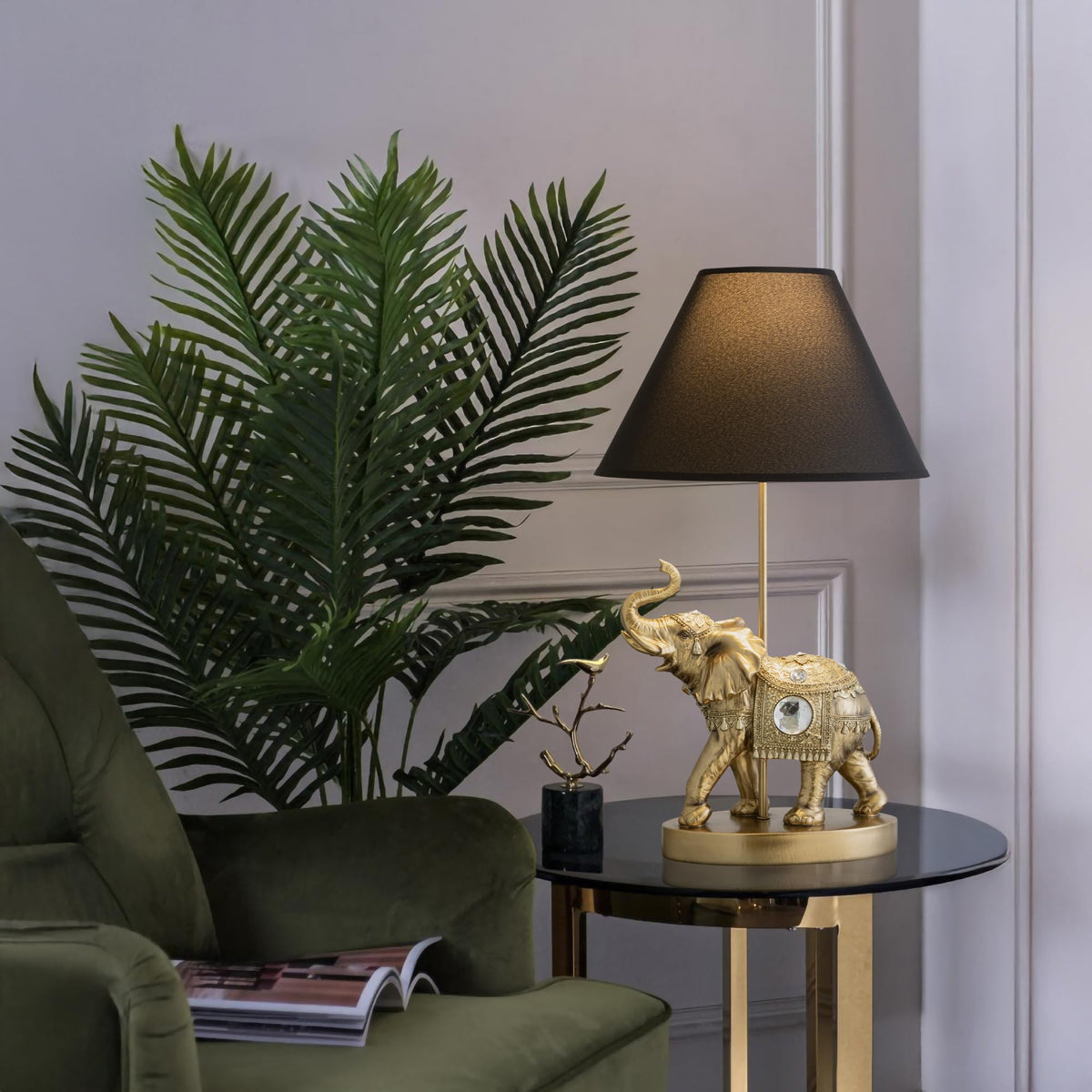 ICE ARMOR 18.5" Detailed Craftsmanship Golden Elephant Table Lamp - Bedside Light with Fabric Shade, Exotic Decor & Cultural Ambiance