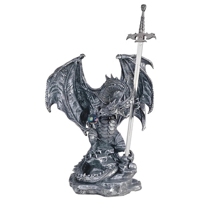 ICE ARMOR 16" H Medieval Silver Dragon with Sword Statue Fantasy Decoration Figurine Large Sculpture