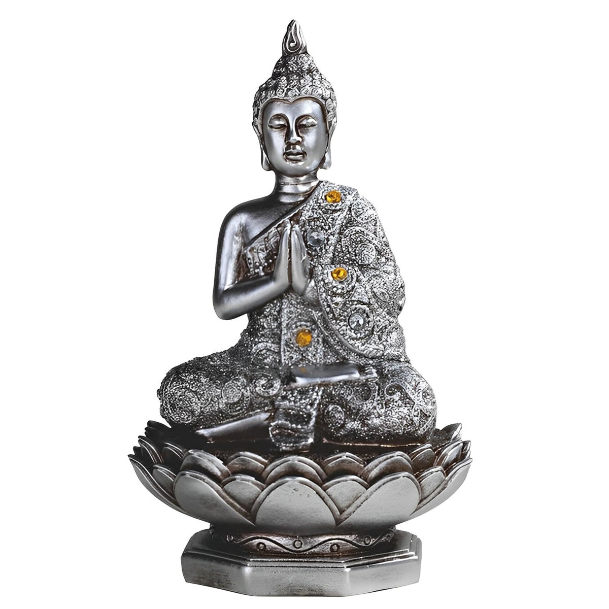 ICE ARMOR 6.25" H Silver Thai Buddha Praying Lotus Seat Statue Feng Shui Decoration Religious Figurine