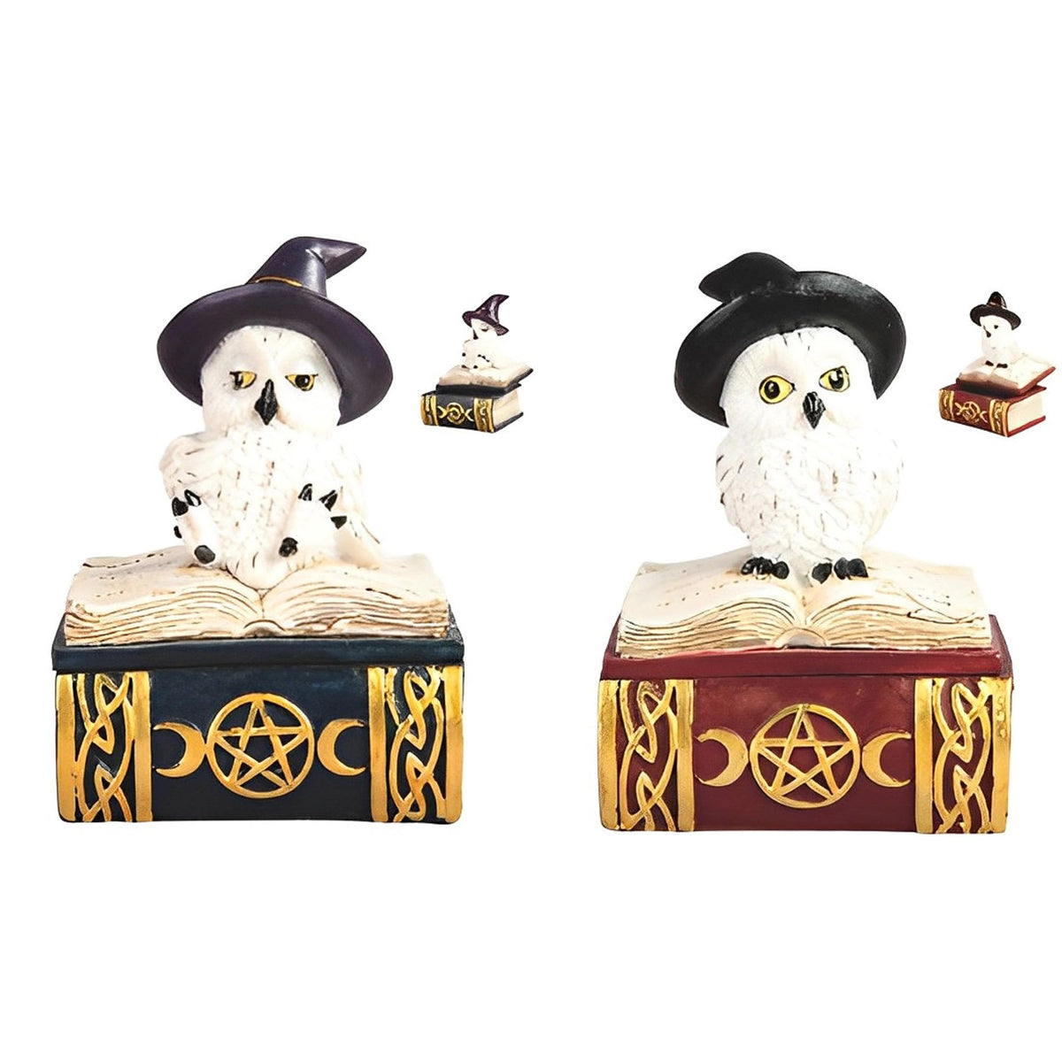 ICE ARMOR 2-PC 5" H Red and Blue Owl on Book Trinket Box Set Statue Fantasy Decoration Figurine