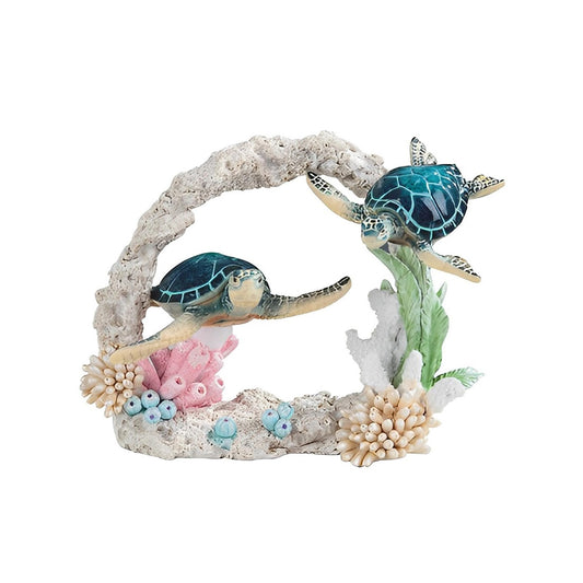 ICE ARMOR 9" W Blue Sea Turtle Couple Swimming Around Coral Statue Marine Life Decoration Figurine