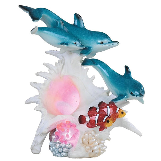 ICE ARMOR 9.25" H LED Lighting Sea Conch with Dolphins and Clownfish Night Light Statue Marine Life Decoration Figurine