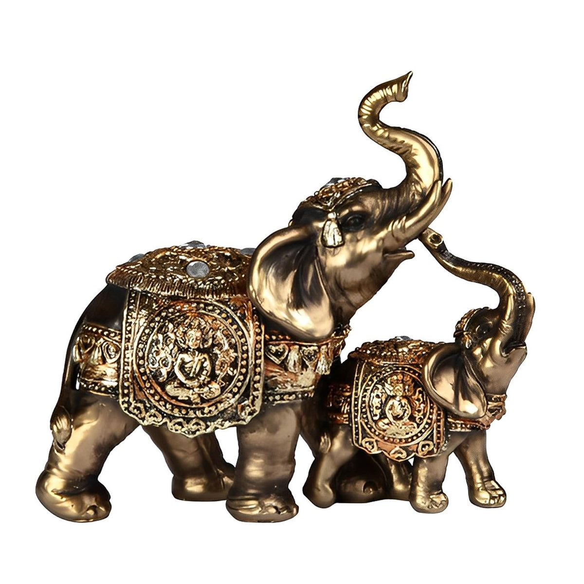 ICE ARMOR 6" W Gold Thai Elephant and Baby with Trunk Up Statue Feng Shui Decoration Religious Figurine