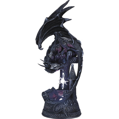 ICE ARMOR 12" H LED Black Dragon Leaning on Castle Statue Fantasy Decoration Figurine