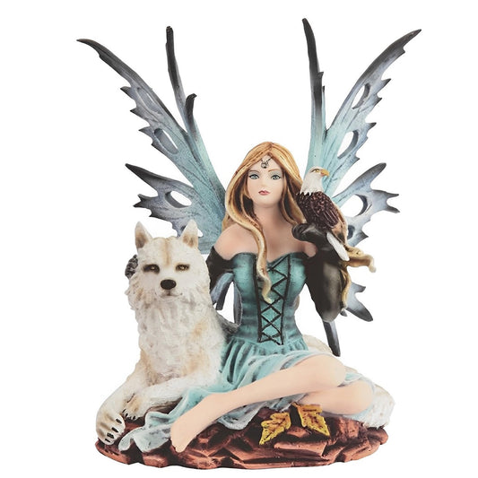 ICE ARMOR 8" H Blue Fairy with Wolf and Eagle Statue Fantasy Decoration Figurine