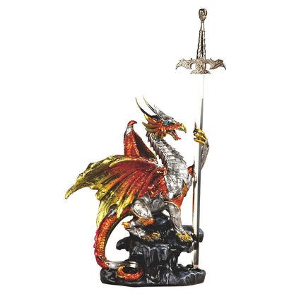 ICE ARMOR 18" H Red Dragon with Sword Sitting Statue Fantasy Decoration Figurine