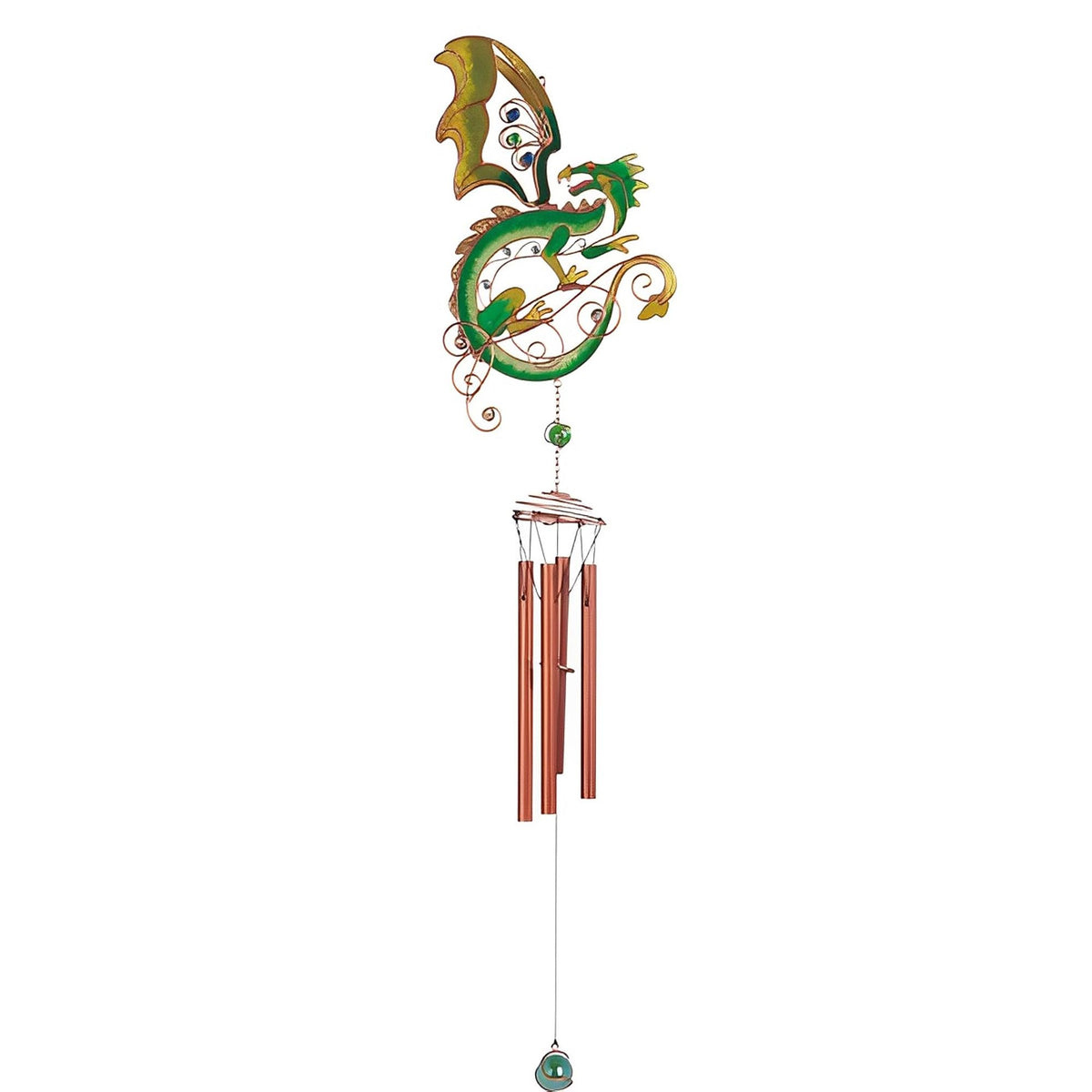 ICE ARMOR 44" Long Green/Yellow Dragon Flip Wings Wind Chime with Copper Gem