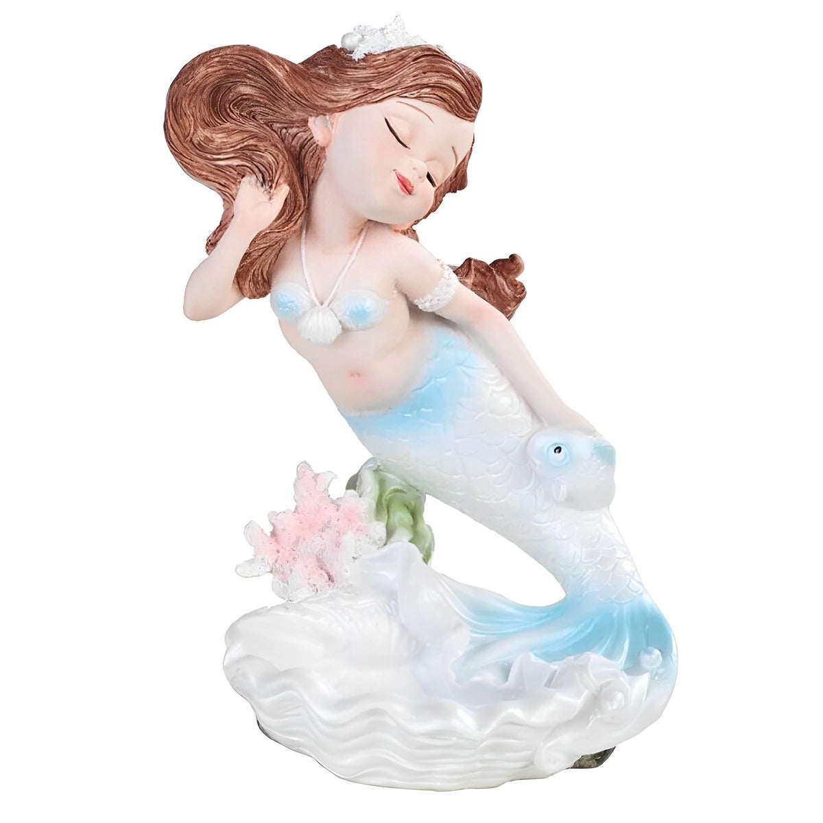 ICE ARMOR 7" H Blue/Pearl Mermaid with Fish Mergirl Statue Fantasy Decoration Figurine