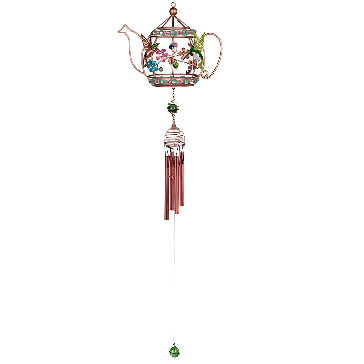 ICE ARMOR 33" Long Hummingbird Copper and Gem Wind Chime in Teapot Shaped Garden Patio Decoration