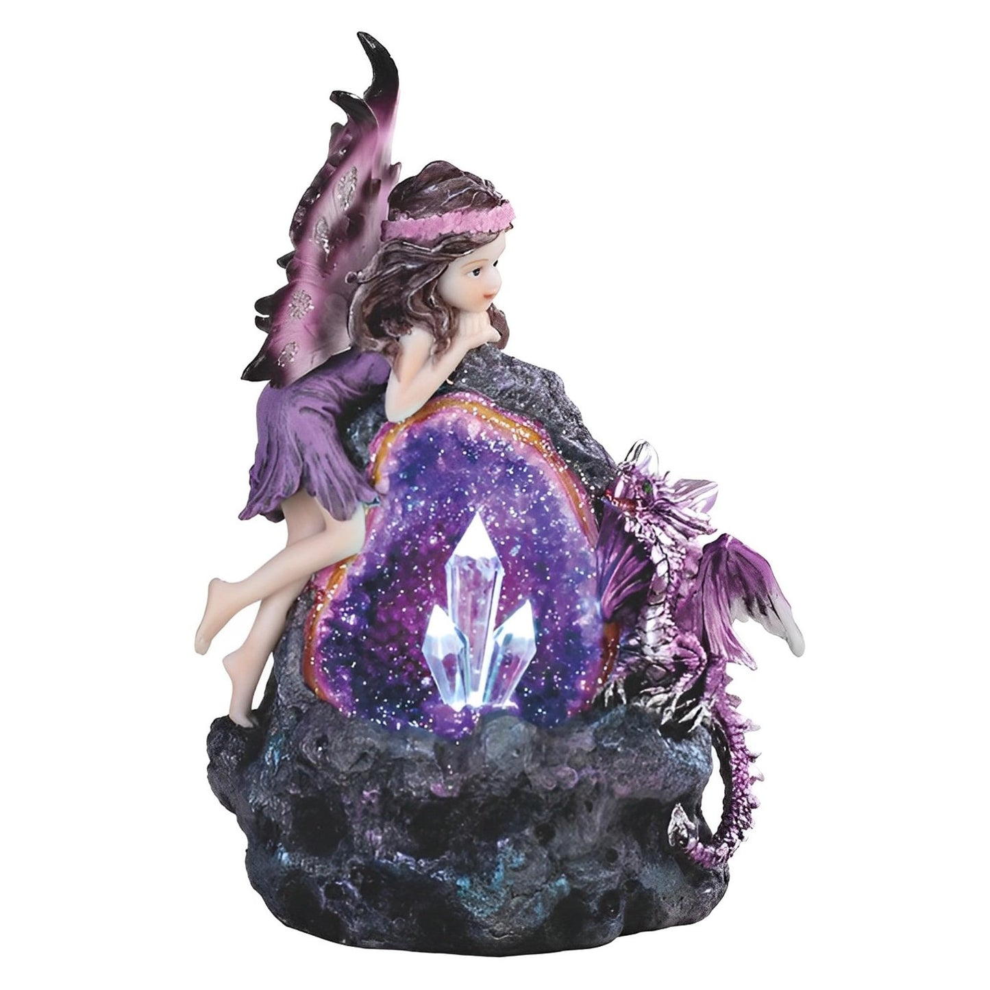 ICE ARMOR 8" H Purple Fairy and Baby Dragon with LED Faux Crystal Stone Statue Fantasy Night Light Decoration Figurine