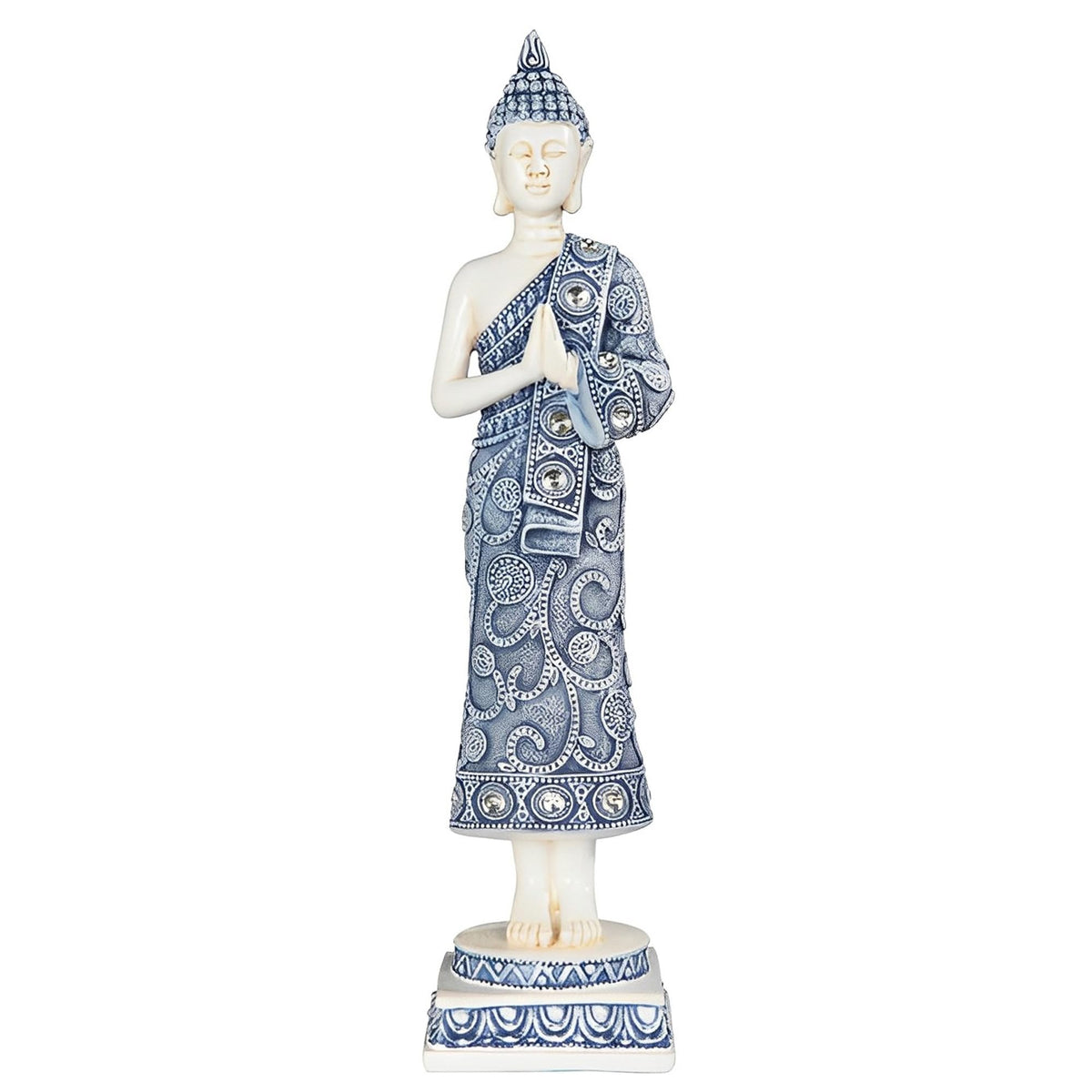 ICE ARMOR 14.25" H Blue and White Buddha Praying Statue Feng Shui Decoration Religious Figurine
