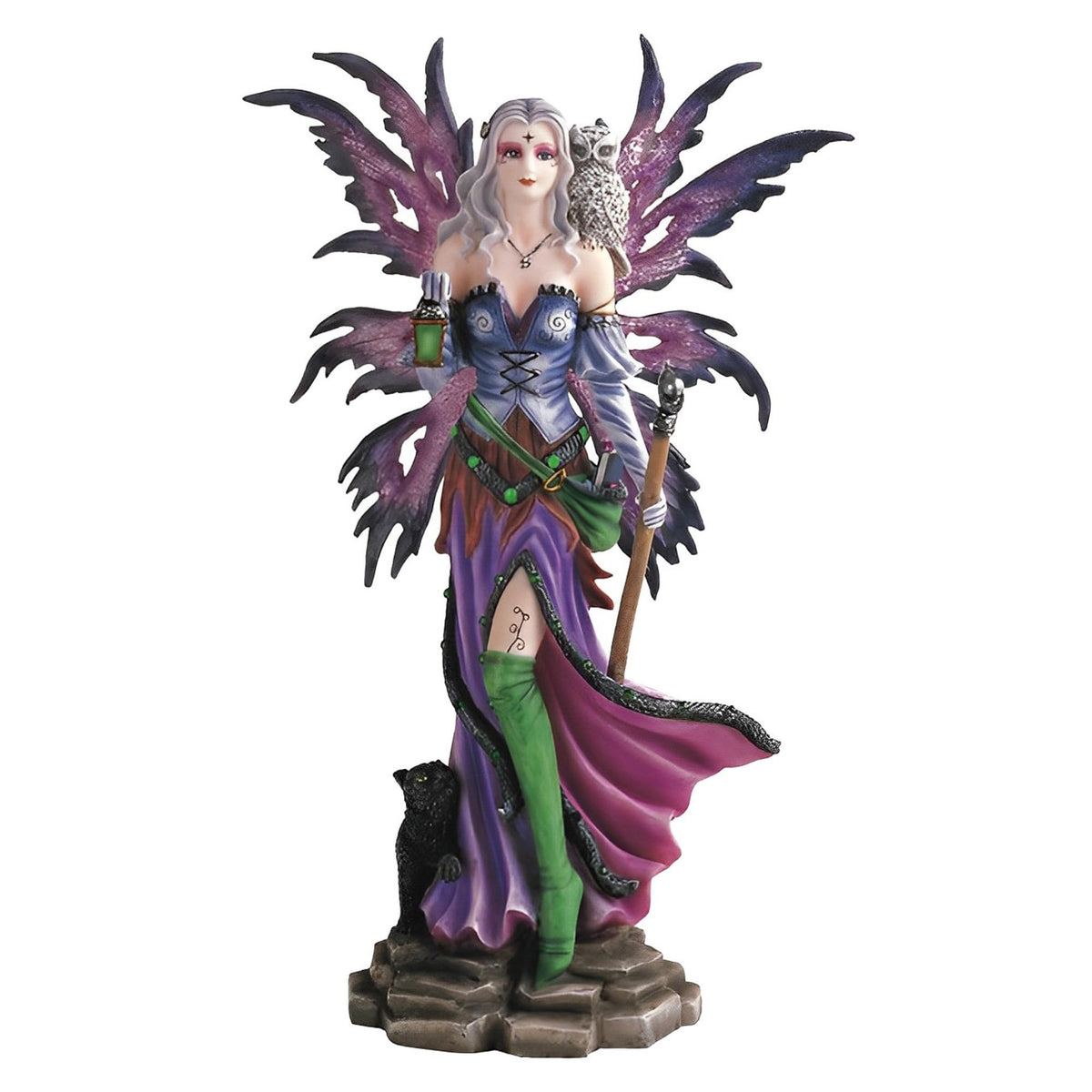 ICE ARMOR 13" H Purple Fairy Holding Lantern with Owl and Black Cat Statue Fantasy Decoration Figurine