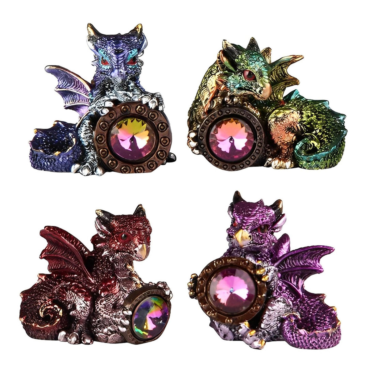 ICE ARMOR 4-PC Mini Dragon with Jewel Set 2.25" H Blue, Purple, Red, Green Dragon Baby Statue Fantasy Decoration Figurine Set