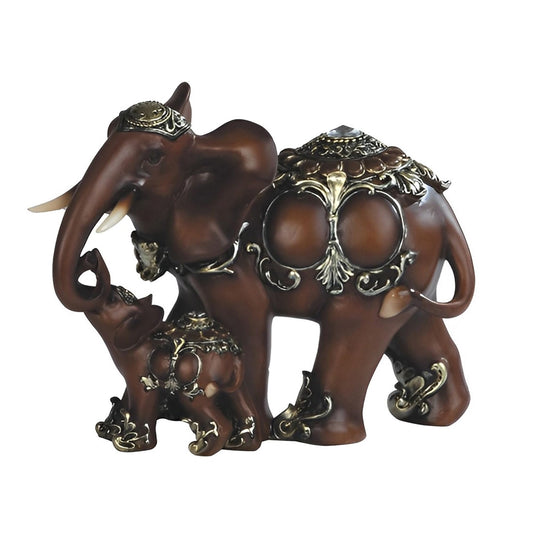 ICE ARMOR 8" H Decorative Wood Like Thai Elephant with Baby Statue Feng Shui Decoration Religious Figurine