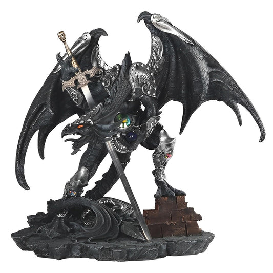 ICE ARMOR 21" W Black Dragon with Sword Figurine Large Sculpture